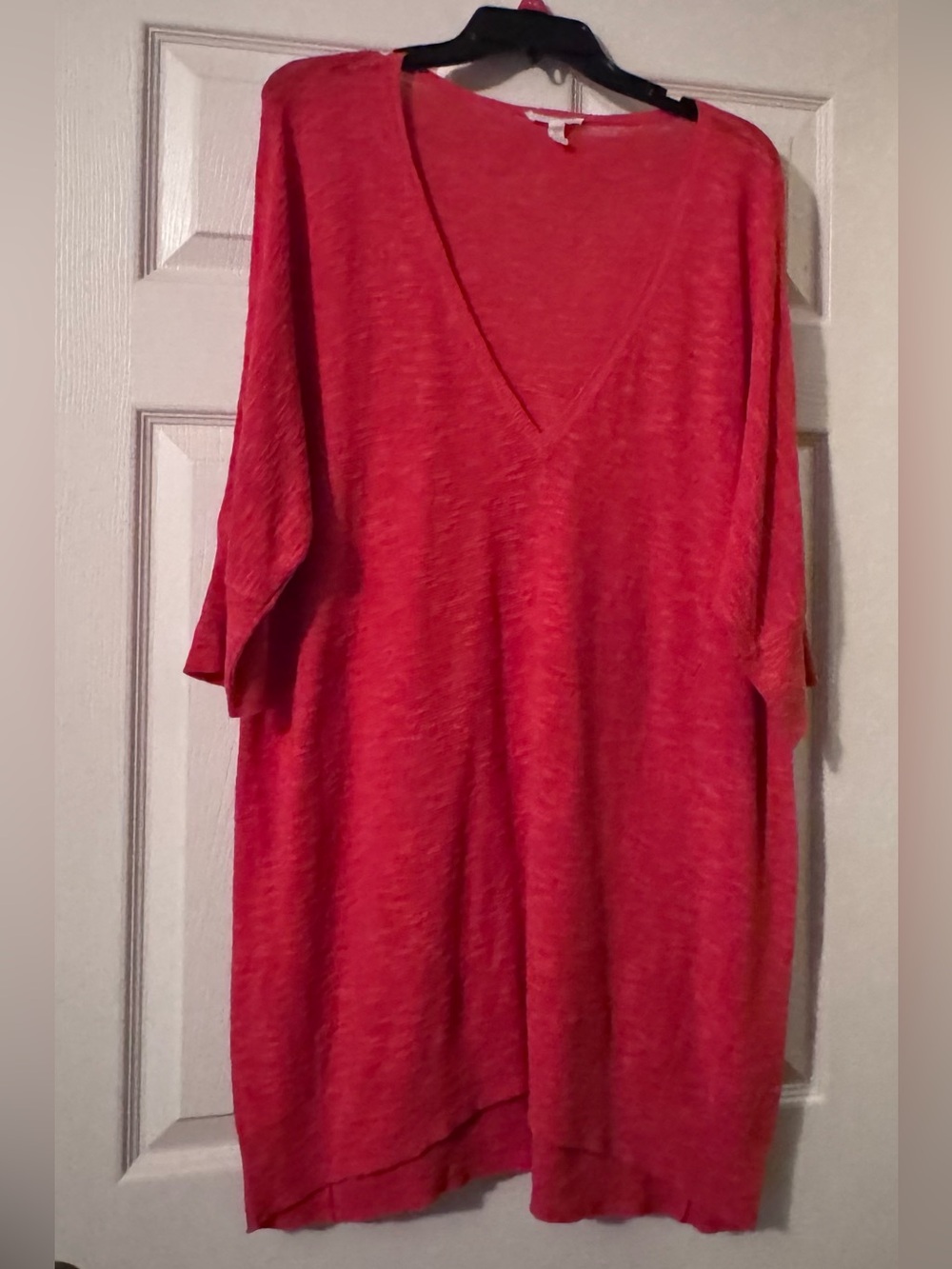 Eileen Fisher Coral/Red Linen Blend    V-Neck Tunic Sweater